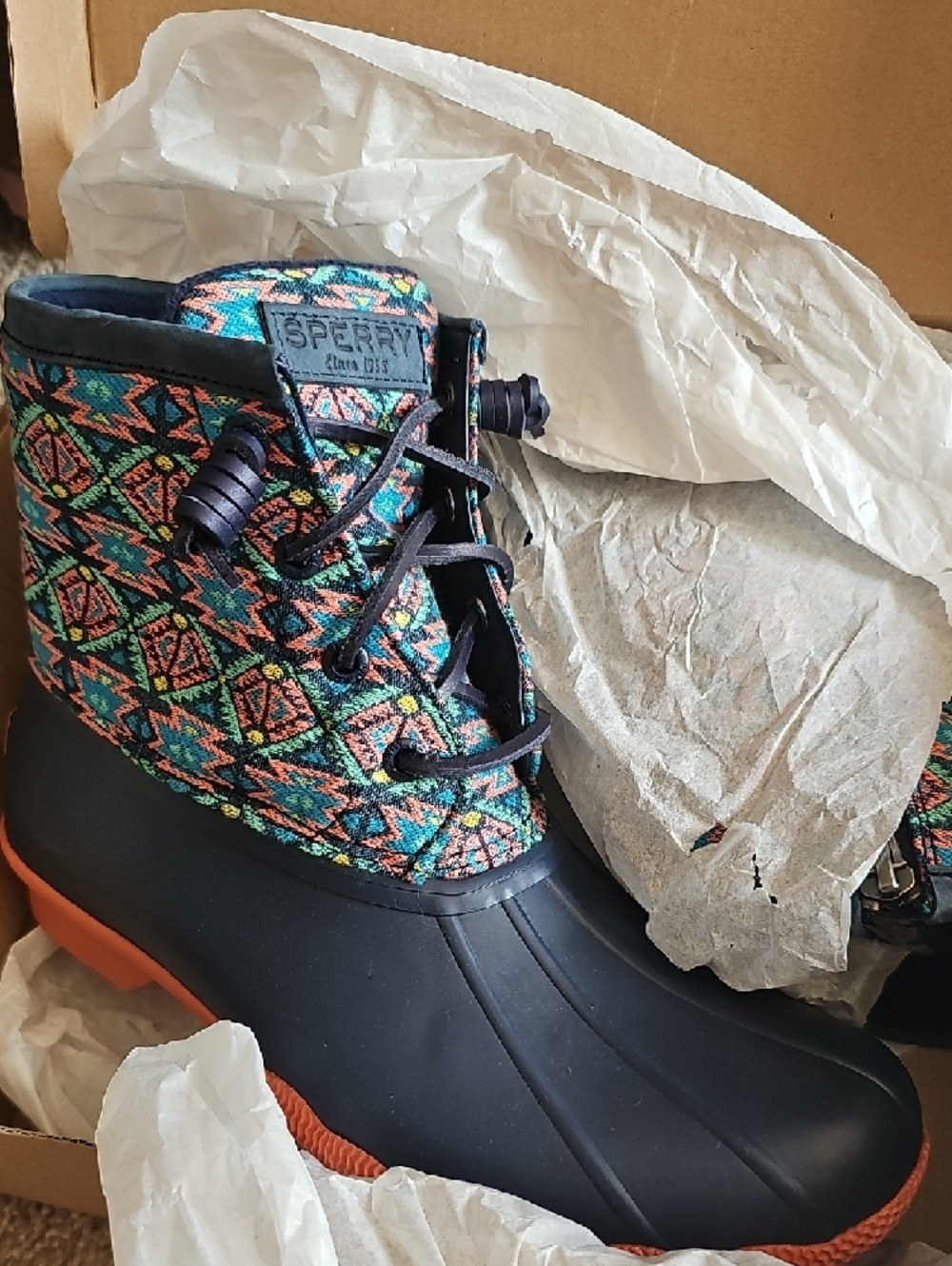 Sperry Navy Saltwater Textile Rain Boots with Orange Sole - Picture 2 of 3